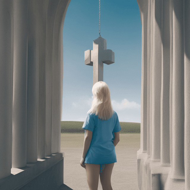 dream-about-giant-church-field-trip-blonde-girl-blue-shirt-silver-cross-necklace